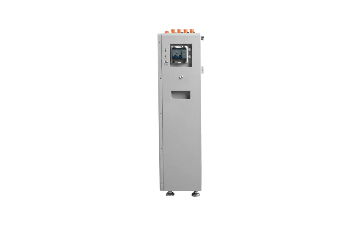 Modern, tall rectangular EG4 industrial control panel featuring a small display screen, top-mounted control buttons, a handle beneath the buttons, and a cutout below the screen—all designed with smooth border radius edges—standing on adjustable feet against a plain white background.