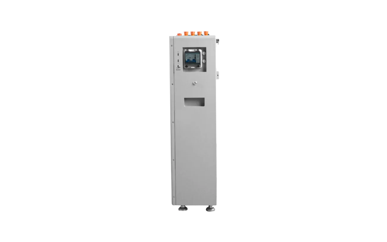 Modern, tall rectangular EG4 industrial control panel featuring a small display screen, top-mounted control buttons, a handle beneath the buttons, and a cutout below the screen—all designed with smooth border radius edges—standing on adjustable feet against a plain white background.