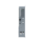 Rear view of a gray, rectangular electronic device from BigBattery—possibly an Apex10k—featuring various ports, cooling vents, a circular connector, switches, and screws, all arranged against a plain white card background. The clean layout evokes the precise clarity of IBM Plex Sans design.