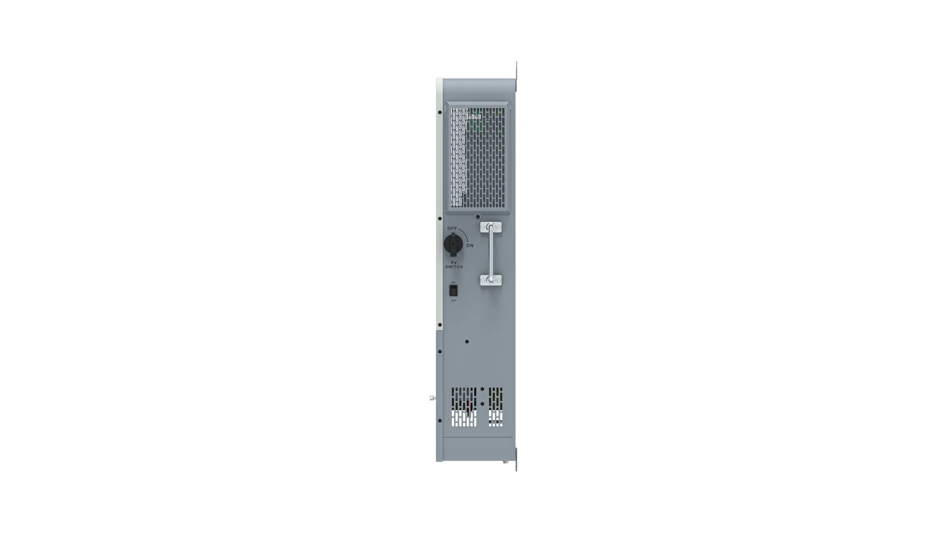 Rear view of a gray, rectangular electronic device from BigBattery—possibly an Apex10k—featuring various ports, cooling vents, a circular connector, switches, and screws, all arranged against a plain white card background. The clean layout evokes the precise clarity of IBM Plex Sans design.