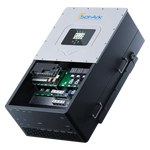 A Sol-Ark inverter with its top panel open displays internal electronics and wiring for solar power systems with AC/DC coupling. The Sol-Ark brand name is visible on the closed section of the unit.