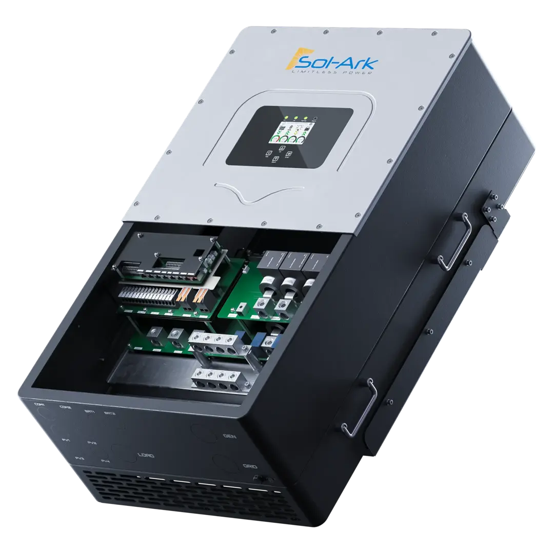 A Sol-Ark inverter with its top panel open displays internal electronics and wiring for solar power systems with AC/DC coupling. The Sol-Ark brand name is visible on the closed section of the unit.