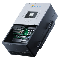 A Sol-Ark inverter with its top panel open displays internal electronics and wiring for solar power systems with AC/DC coupling. The Sol-Ark brand name is visible on the closed section of the unit.