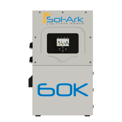 The Sol-Ark 60K inverter features a digital display and front control buttons, offers seamless AC/DC coupling, prominently displays the Sol-Ark logo and 60K, and supports advanced fleet management solutions.