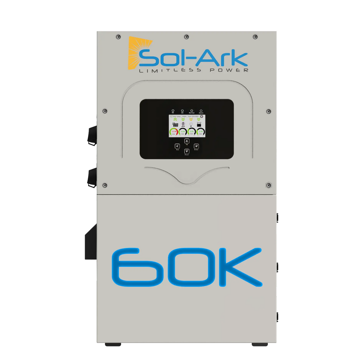 The Sol-Ark 60K inverter features a digital display and front control buttons, offers seamless AC/DC coupling, prominently displays the Sol-Ark logo and 60K, and supports advanced fleet management solutions.