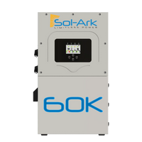 The Sol-Ark 60K inverter features a digital display and front control buttons, offers seamless AC/DC coupling, prominently displays the Sol-Ark logo and 60K, and supports advanced fleet management solutions.