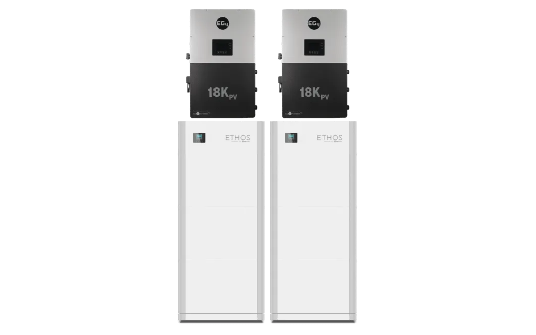 Two tall, rectangular white BigBattery storage units labeled ETHOS stand side by side, each with a dark “18kW” module on top. Perfect for off-grid or tiny home energy needs, this 48V battery system is set against a sleek black background.