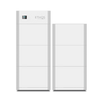 Two tall, rectangular, white BigBattery home power storage units stand side by side. The left unit displays a 48V ETHOS screen. Both feature minimalist designs, flat surfaces, and an integrated Battery Management System for reliability.