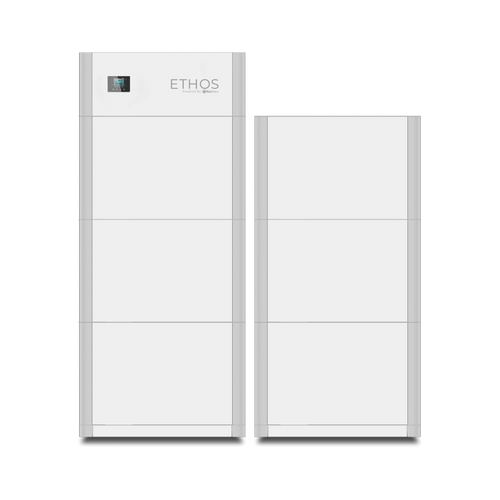 Two tall, rectangular, white BigBattery home power storage units stand side by side. The left unit displays a 48V ETHOS screen. Both feature minimalist designs, flat surfaces, and an integrated Battery Management System for reliability.