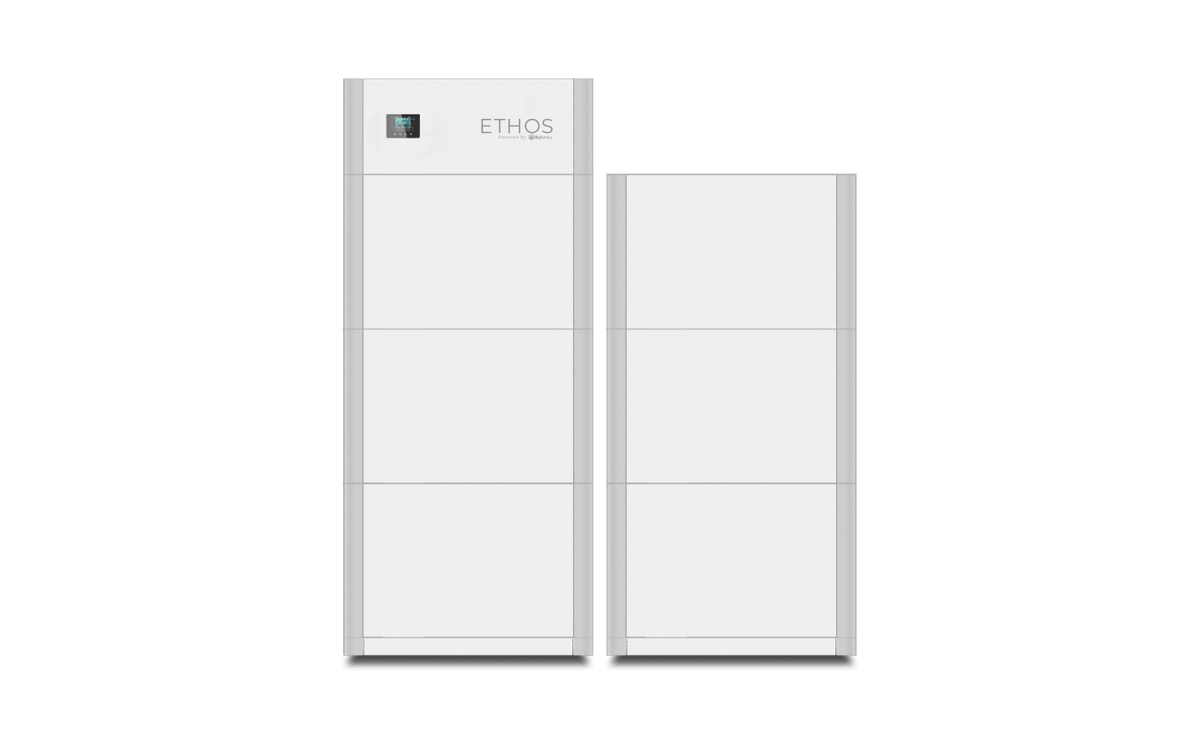 Two tall, rectangular, white BigBattery home power storage units stand side by side. The left unit displays a 48V ETHOS screen. Both feature minimalist designs, flat surfaces, and an integrated Battery Management System for reliability.