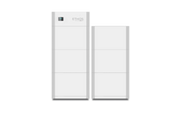 Two tall, rectangular, white BigBattery home power storage units stand side by side. The left unit displays a 48V ETHOS screen. Both feature minimalist designs, flat surfaces, and an integrated Battery Management System for reliability.
