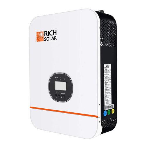 A Rich Solar white pure sine wave inverter featuring a small digital display, control buttons on the front, side ventilation panels, an off-grid function, and a colored label strip near the bottom.