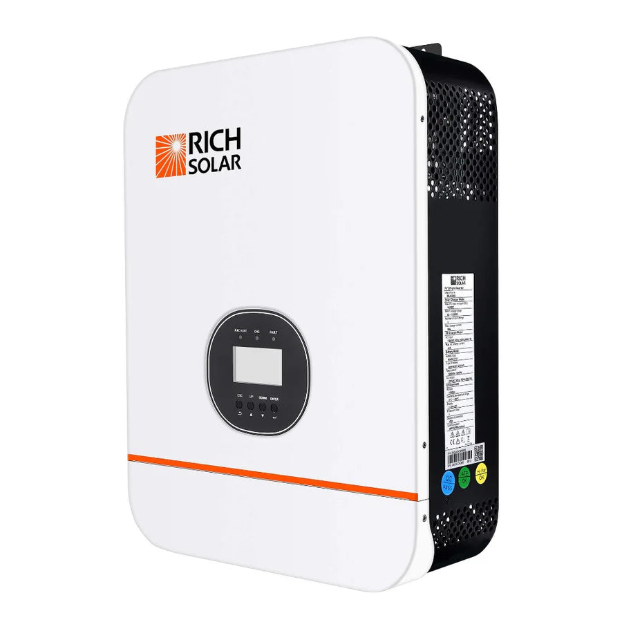 A Rich Solar white pure sine wave inverter featuring a small digital display, control buttons on the front, side ventilation panels, an off-grid function, and a colored label strip near the bottom.