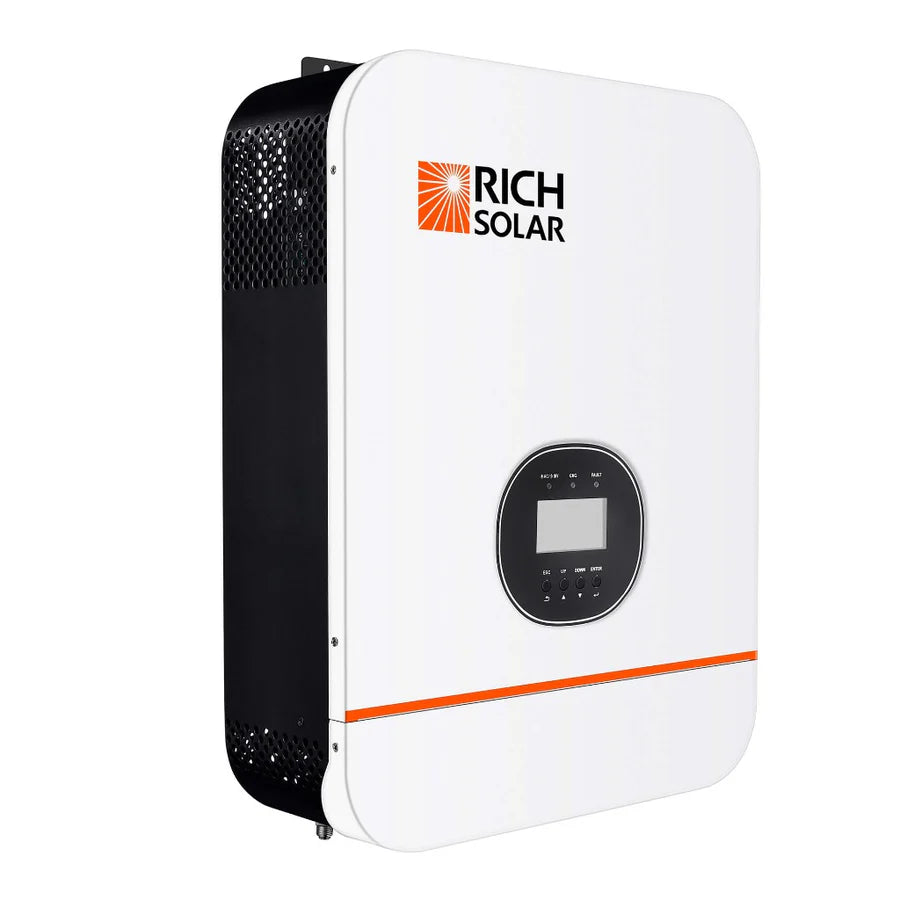 A white Rich Solar pure sine wave inverter features a digital display, front control buttons, the orange Rich Solar logo, a horizontal orange line near the bottom edge, and a built-in MPPT charge controller.