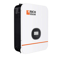 A white Rich Solar pure sine wave inverter features a digital display, front control buttons, the orange Rich Solar logo, a horizontal orange line near the bottom edge, and a built-in MPPT charge controller.