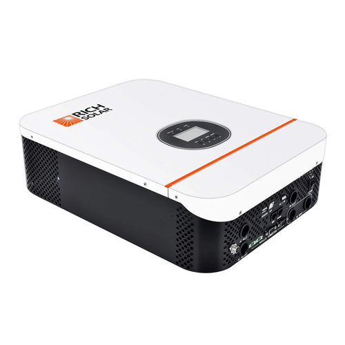 A white and black Rich Solar inverter with a central digital display, side ports, ventilation holes, off-grid capability, and advanced MPPT charge controller technology.