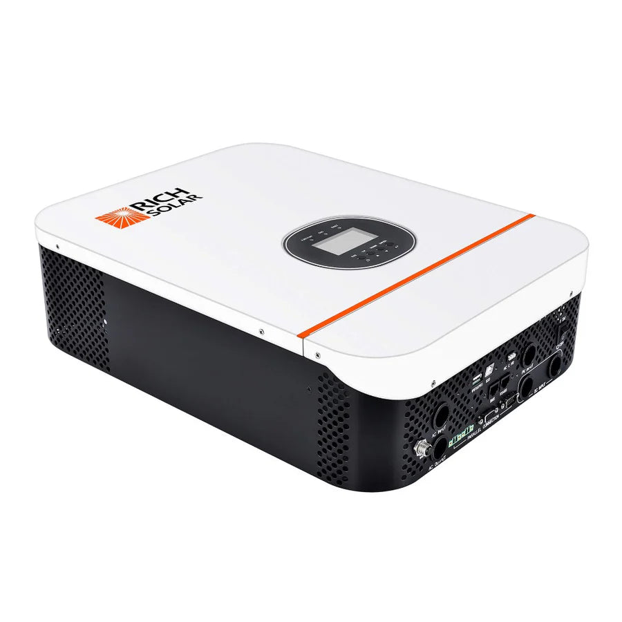 A white and black Rich Solar inverter with a central digital display, side ports, ventilation holes, off-grid capability, and advanced MPPT charge controller technology.