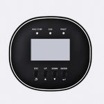 A black, oval-shaped Rich Solar electronic control panel for a pure sine wave inverter with a blank display, four labeled indicator lights above, and four round buttons (ESC, UP, DOWN, ENTER) below the screen.