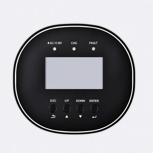 A black, oval-shaped Rich Solar electronic control panel for a pure sine wave inverter with a blank display, four labeled indicator lights above, and four round buttons (ESC, UP, DOWN, ENTER) below the screen.