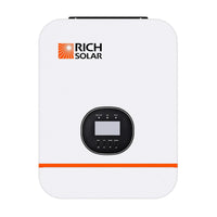 A rectangular white Rich Solar pure sine wave inverter features a central digital display with control buttons, the Rich Solar logo at the top left, an orange line near the bottom, and offers reliable off-grid performance for versatile power needs.