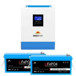 A white and blue Sungold Power 3000W solar inverter with digital display is stacked above two blue and black LiFePO4 24V 100Ah lithium iron phosphate batteries, perfect for reliable off-grid power systems.