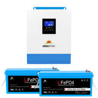 A white and blue Sungold Power 3000W solar inverter with digital display is stacked above two blue and black LiFePO4 24V 100Ah lithium iron phosphate batteries, perfect for reliable off-grid power systems.