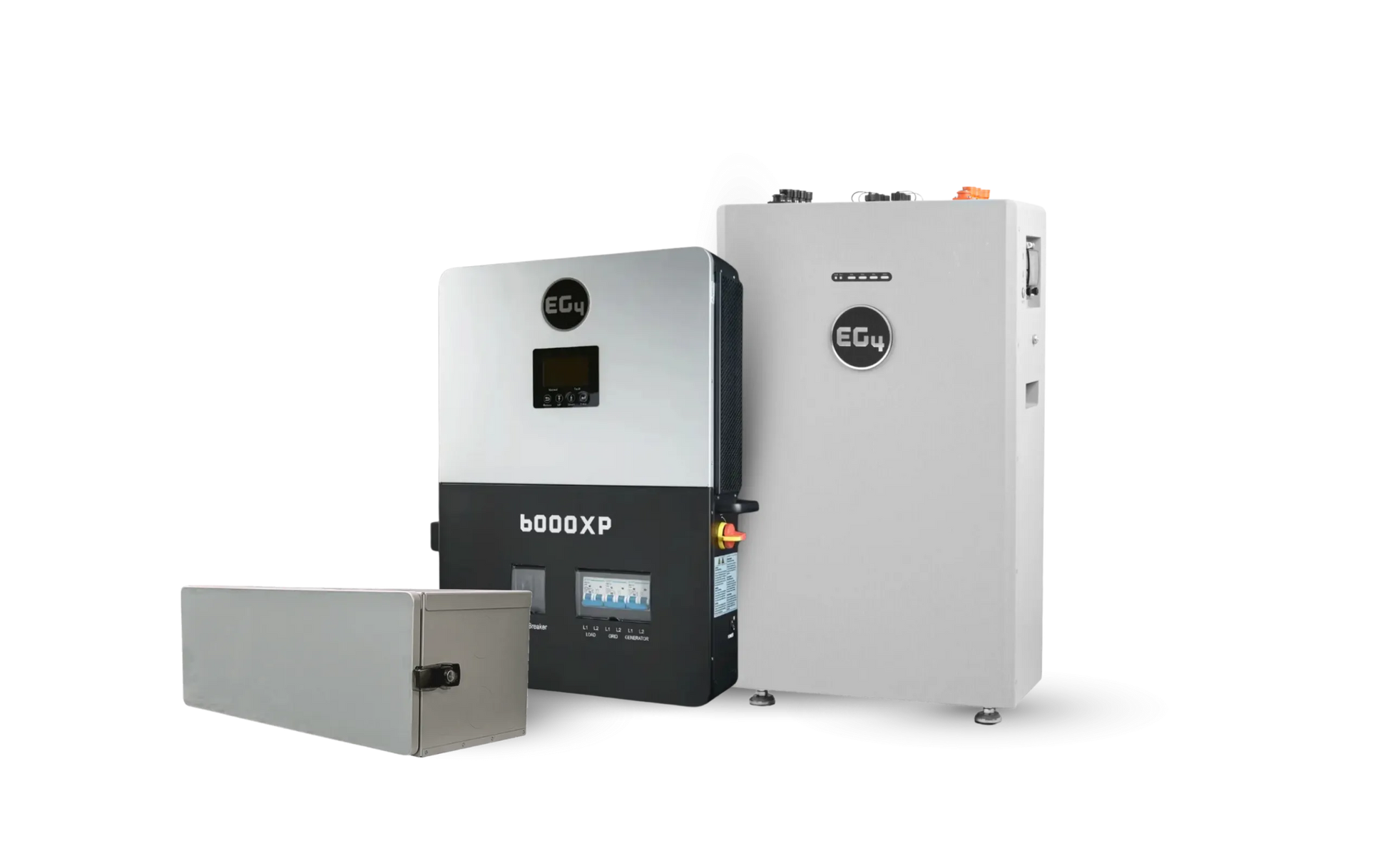 Three modern BigBattery energy storage devices of varying shapes and sizes are displayed against a white background. Each unit showcases a minimalist design, with visible digital displays and ports, accented by subtle card borders and clean lines that evoke the style of the IBM Plex Sans font family.