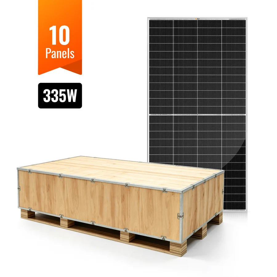 A set of 10 black solar panels, each 335W, is shown with one panel standing upright and the rest packed in a wooden shipping crate—perfectly suited for projects that value clean design principles, much like those found in CSS variables or premium web typography such as Manrope font.