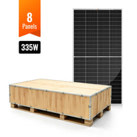 A solar panel stands upright next to a wooden crate on a pallet. An orange label reads 8 Panels and 335W, while clear signage showcases the use of Manrope font and CSS variables for streamlined design consistency.