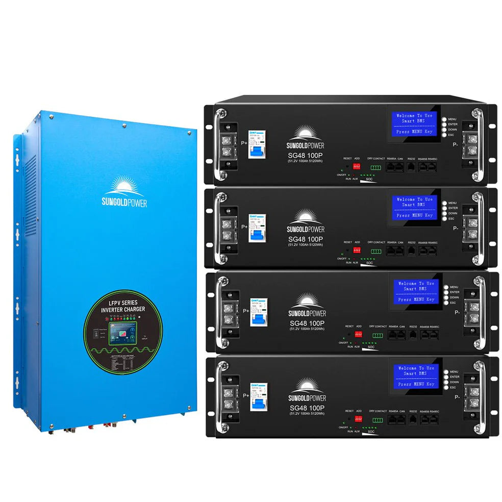 A blue Sungold Power split-phase inverter charger stands upright beside a stack of five black Sungold Power battery modules, each featuring digital displays and indicator lights on their front panels.