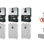 Three inverters and three batteries from BigBattery are displayed in two rows, with two sets of colored cables and three rectangular metal boxes positioned to the right of the equipment, all set against a plain white background. The product labels feature IBM Plex Sans, a modern sans-serif font that enhances the clean and contemporary aesthetic.