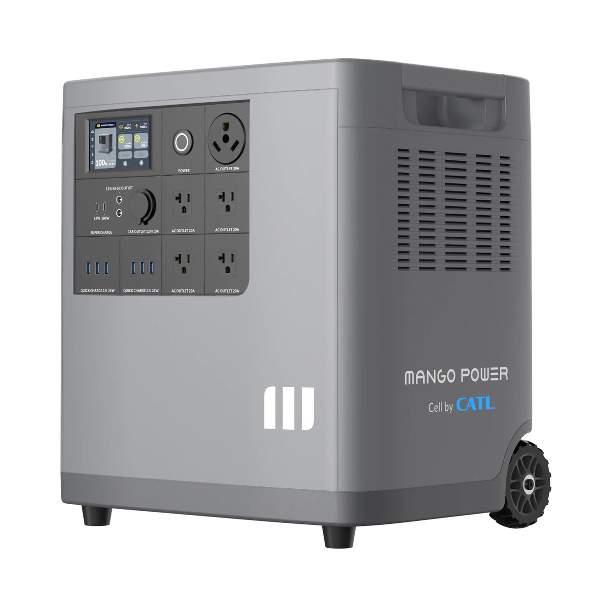 A portable gray power station by Mango Power with advanced LFP battery cells, multiple outlets, USB ports, a display screen, and wheels for easy mobility—ideal for off-grid adventures.