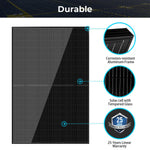 A solar panel with close-up views of the aluminum frame, tempered glass solar cells, and a badge showing a 25-year linear warranty. Text featuring a modern font-family highlights the panel as durable, while subtle box-shadow details in the image emphasize the high-quality construction.