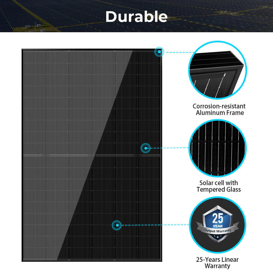 A solar panel with close-up views of the aluminum frame, tempered glass solar cells, and a badge showing a 25-year linear warranty. Text featuring a modern font-family highlights the panel as durable, while subtle box-shadow details in the image emphasize the high-quality construction.