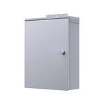 A plain, gray metal wall-mounted electrical box with a front door, a round knob, and a mounting bracket on top, shown against a white background—ideal for securely housing connections for devices such as a portable power station or solar generator.
