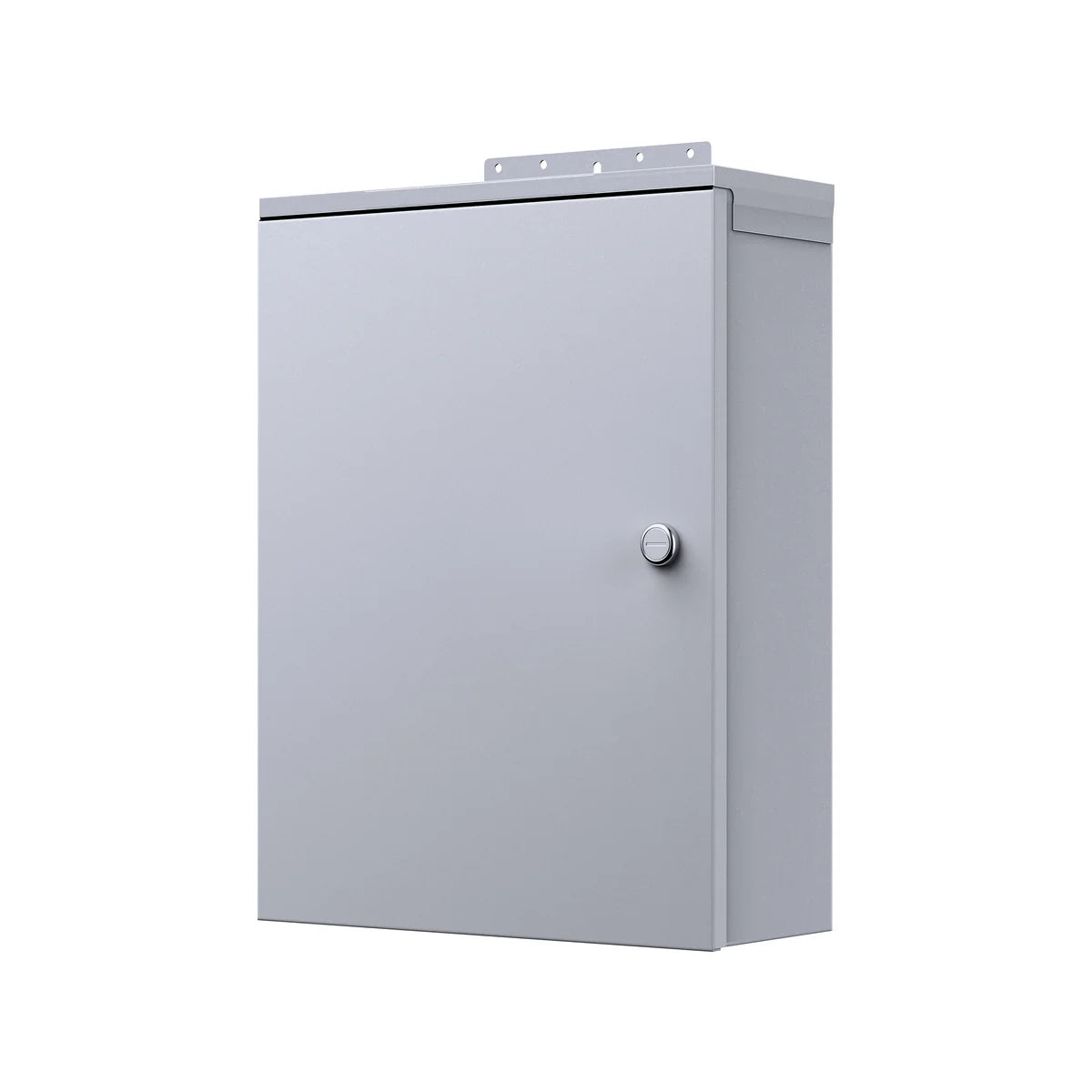 A plain, gray metal wall-mounted electrical box with a front door, a round knob, and a mounting bracket on top, shown against a white background—ideal for securely housing connections for devices such as a portable power station or solar generator.