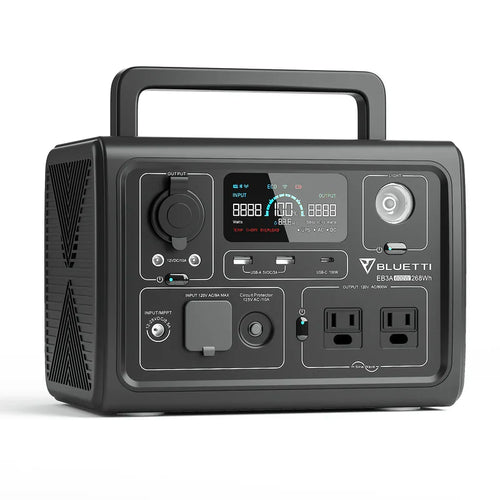 The Bluetti portable power station features a LiFePO4 battery, digital display, control buttons, multiple input/output ports, two AC outlets, and a top carrying handle.