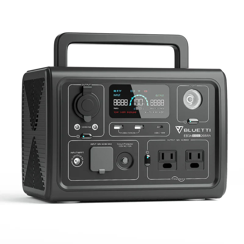 The Bluetti portable power station features a LiFePO4 battery, digital display, control buttons, multiple input/output ports, two AC outlets, and a top carrying handle.