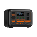 The Bluetti portable power station features a LiFePO4 battery, LED display, multiple input/output ports, two AC outlets, and distinct orange and black buttons for various power functions.