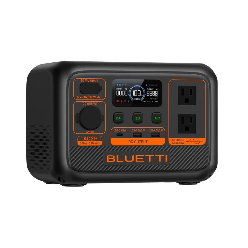 The Bluetti portable power station features a LiFePO4 battery, LED display, multiple input/output ports, two AC outlets, and distinct orange and black buttons for various power functions.