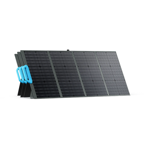 The Bluetti portable solar panel features four black monocrystalline sections propped at an angle, with a blue handle for easy carrying—ideal for use with Bluetti generators.