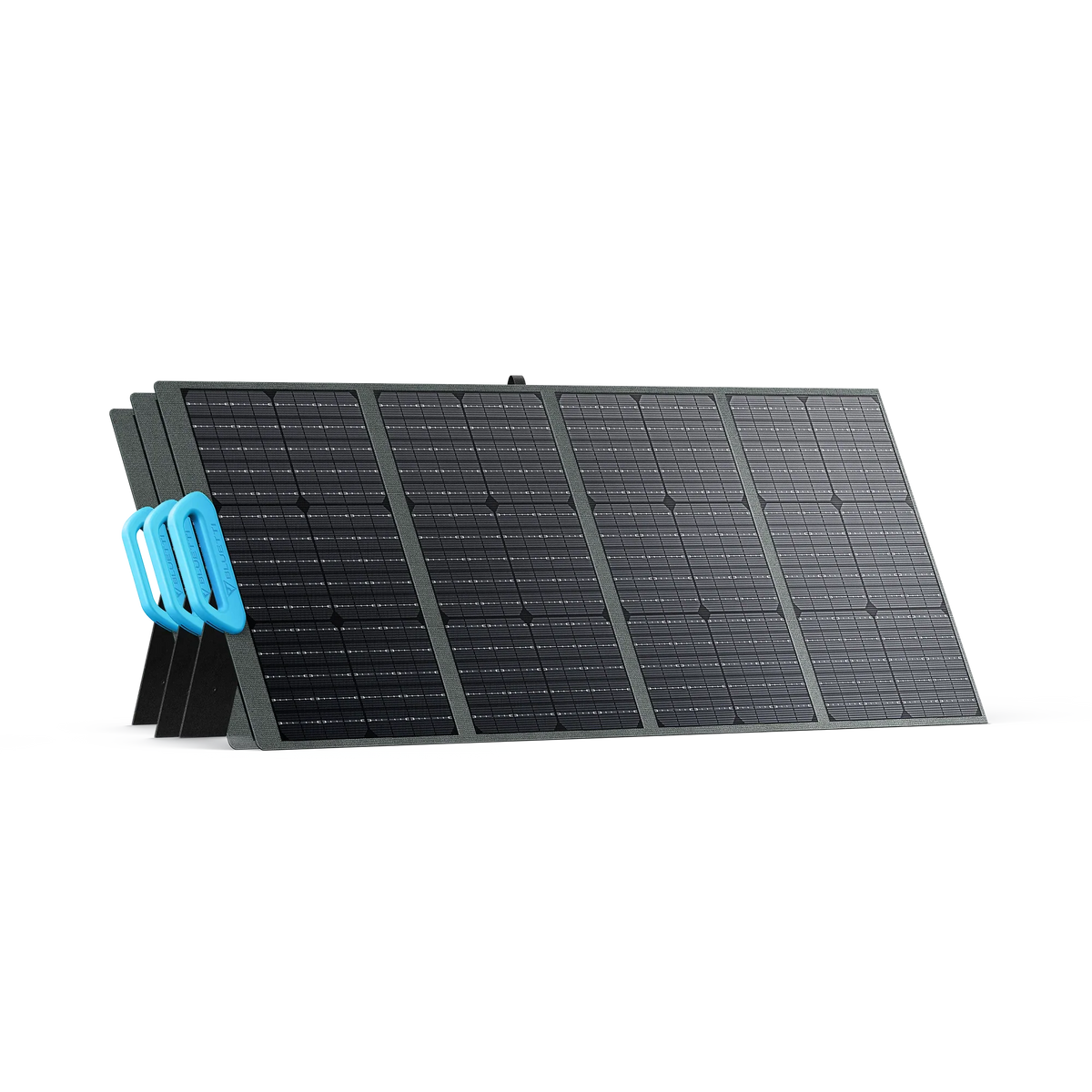 The Bluetti portable solar panel features four black monocrystalline sections propped at an angle, with a blue handle for easy carrying—ideal for use with Bluetti generators.