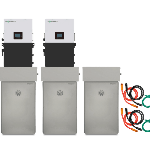 Two white and gray BigBattery RHINO 2 wall-mounted battery units are shown, each mounted above a tall gray high-capacity storage module. There are three storage modules in total with two sets of colored cables on the right side.