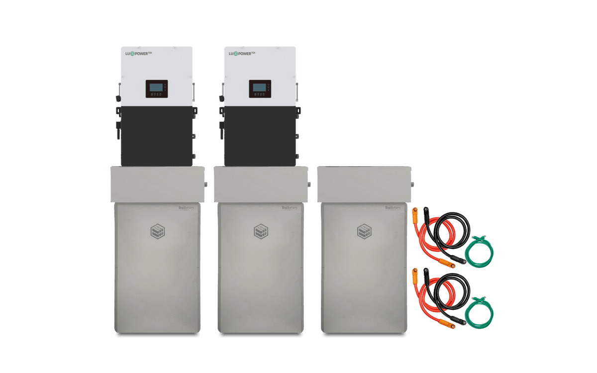 Two white and gray BigBattery RHINO 2 wall-mounted battery units are shown, each mounted above a tall gray high-capacity storage module. There are three storage modules in total with two sets of colored cables on the right side.