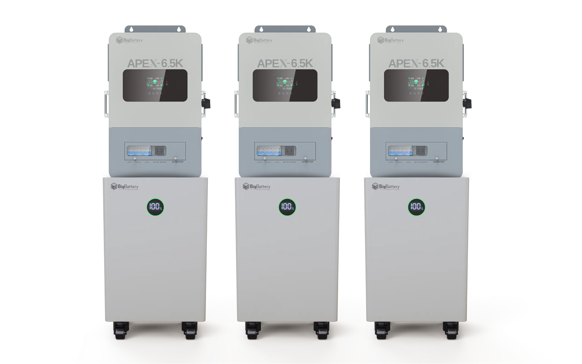 Three identical BigBattery industrial machines with digital displays and control panels, each labeled APE^• 6.5K, stand side by side on wheeled cabinets featuring circular green indicators displaying 100. The clean card background and clear IBM Plex Sans font on the panels add a modern touch to this Nexus65k-ready setup.