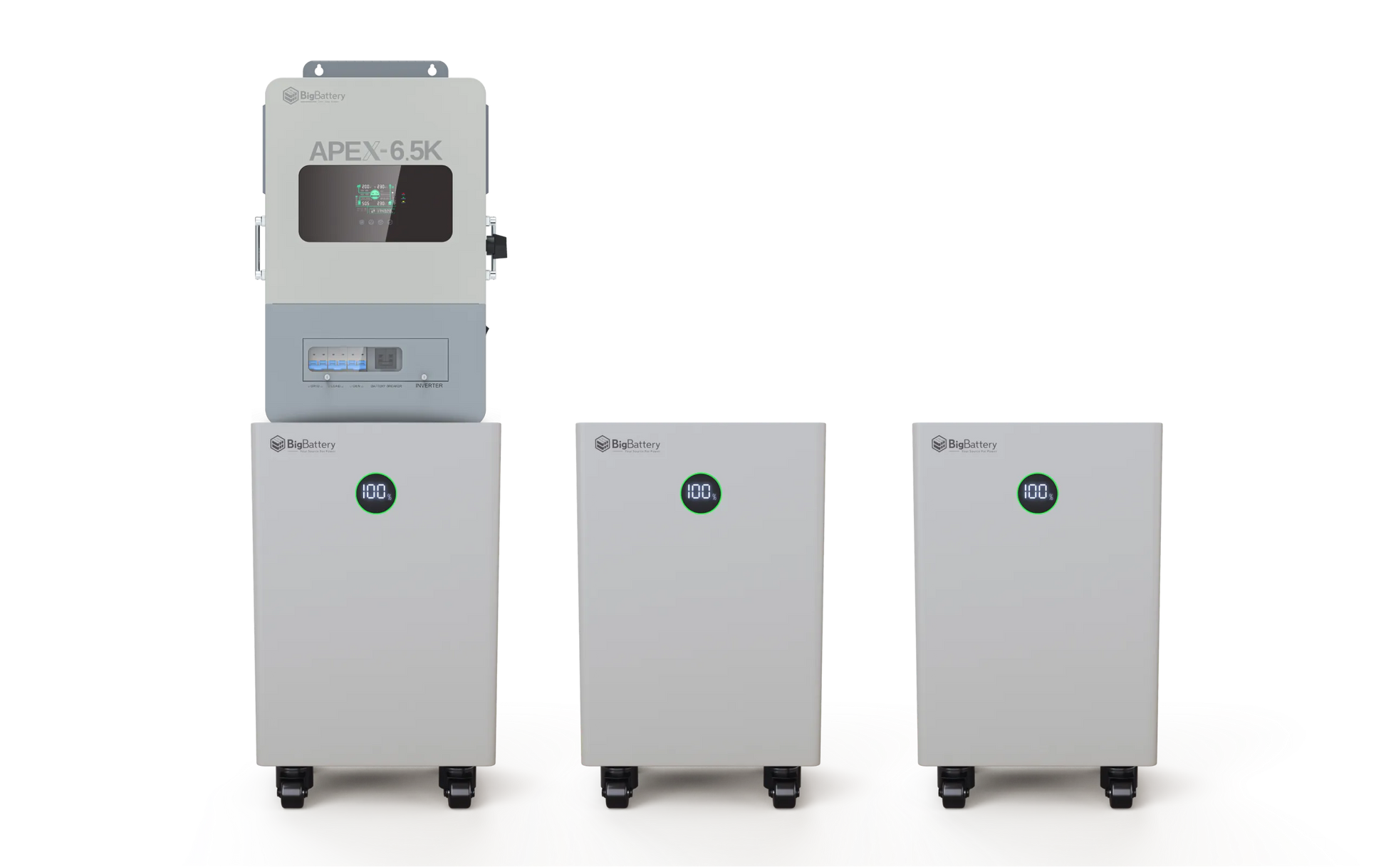 Three white BigBattery units with digital displays and one wall-mounted control unit labeled APEX 6.5K are shown on a plain card background. Each battery unit displays "100" in green on its screen, and the labels are rendered in crisp IBM Plex Sans for a modern and professional finish.