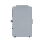 A gray rectangular metal electrical box from BigBattery, featuring handles on each side, keyhole mounts at the top and bottom, and a latch on the left side, is shown from the front against a white background—its minimalist design recalls the clean lines of IBM Plex Sans font family and could inspire modern CSS variables for UI components.