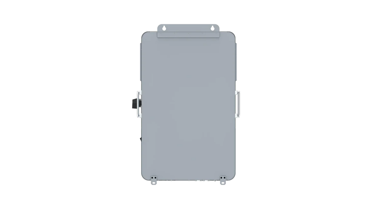 A gray rectangular metal electrical box from BigBattery, featuring handles on each side, keyhole mounts at the top and bottom, and a latch on the left side, is shown from the front against a white background—its minimalist design recalls the clean lines of IBM Plex Sans font family and could inspire modern CSS variables for UI components.
