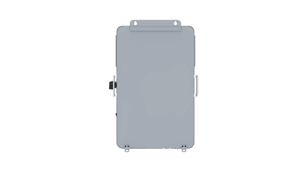 A gray rectangular metal electrical box from BigBattery, featuring handles on each side, keyhole mounts at the top and bottom, and a latch on the left side, is shown from the front against a white background—its minimalist design recalls the clean lines of IBM Plex Sans font family and could inspire modern CSS variables for UI components.