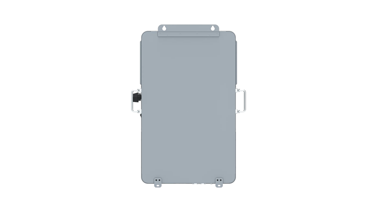 A gray, rectangular metal box from BigBattery featuring handles on both sides and a small latch or connector visible on the left edge. The box is shown from the front against a plain white card background, creating a clean and minimalistic presentation reminiscent of an IBM Plex Sans design aesthetic.
